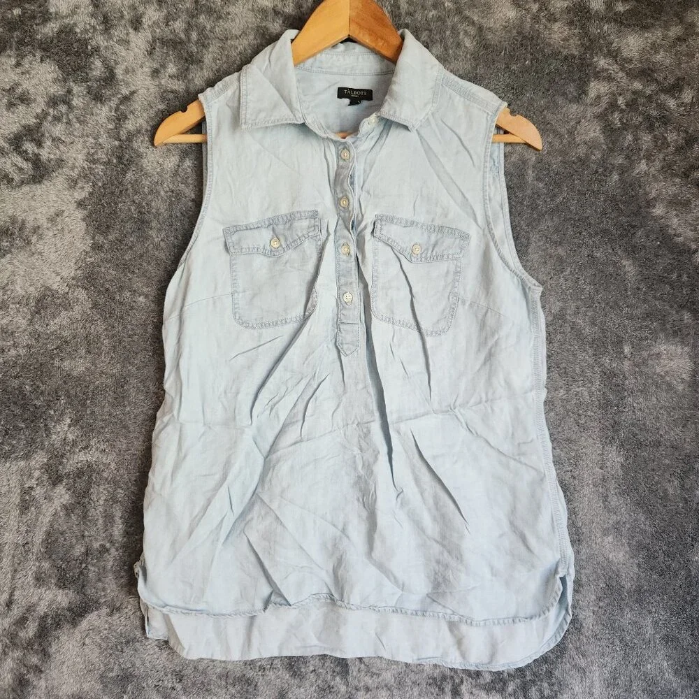 Talbots Sleeveless Popover Denim Top Blouse Blue Women's 12 EUC Pockets Summer - Picture 2 of 9